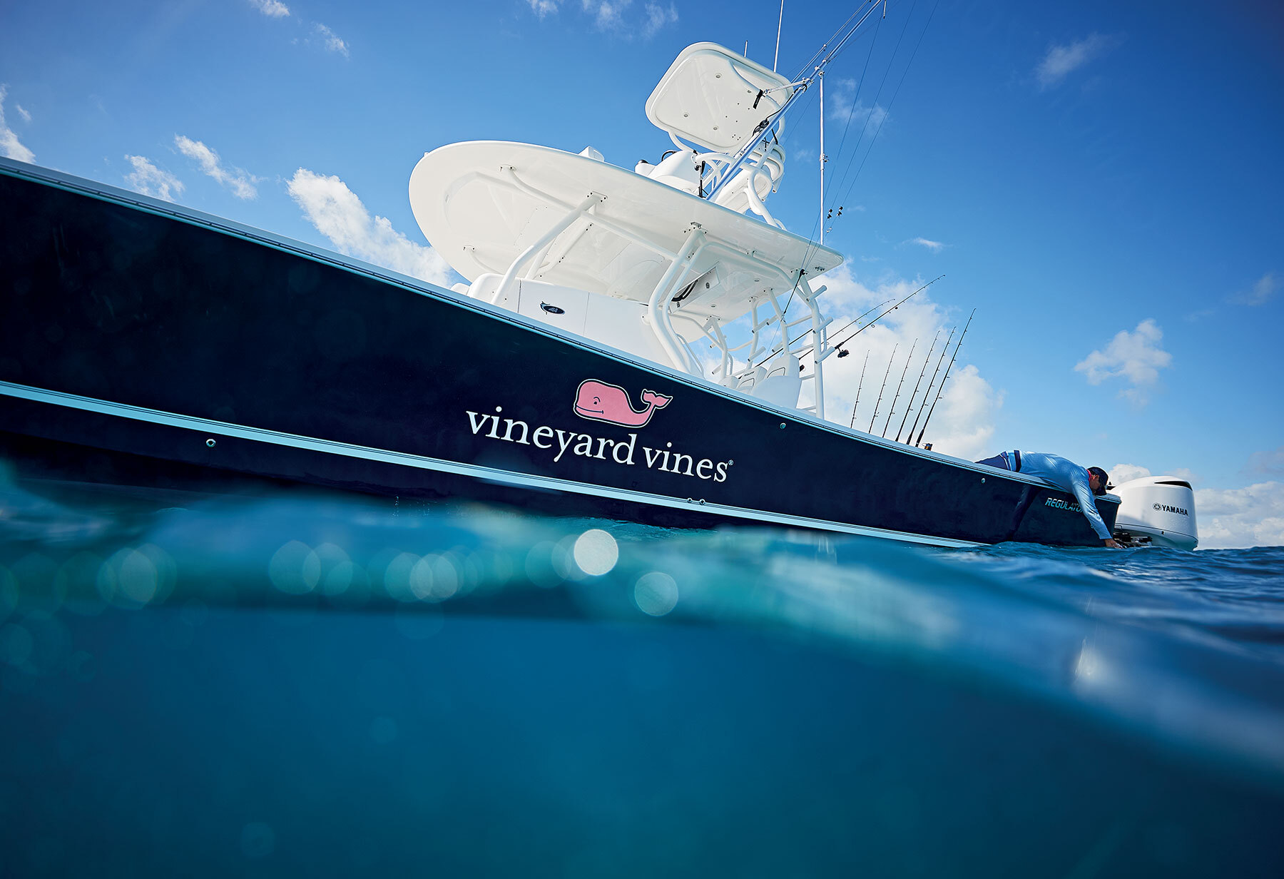 Vineyards Vines sport fishing boat on the water